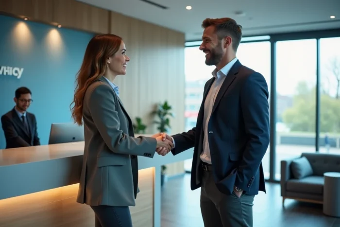 Client et conseiller Ociane Matmut se serrant la main dans le hall d'une agence d'assurance moderne