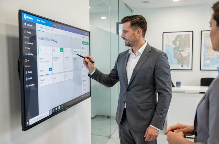 Agent immobilier présentant un tableau de bord numérique innovant sur un écran tactile dans une agence moderne