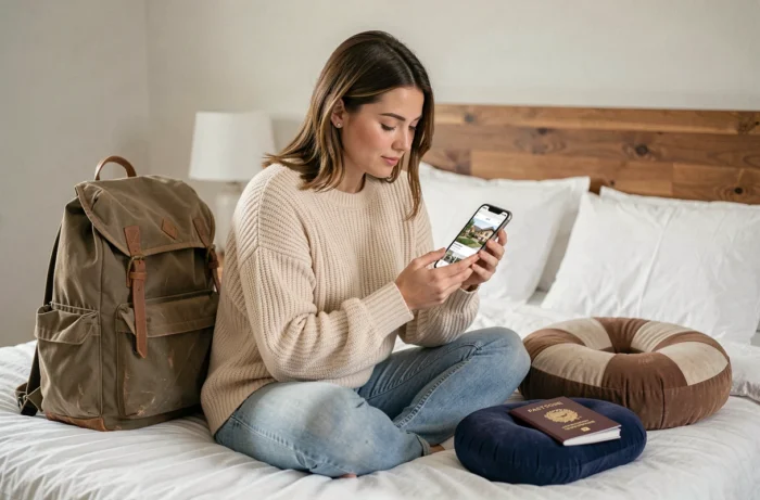 Femme parcourant des annonces de logements entiers sur Airbnb depuis son lit entourée d'accessoires de voyage