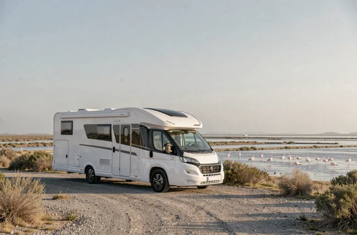 Camping-car stationné sur l'aire gratuite de Sainte-Marie-de-la-Mer avec vue sur les marais de Camargue et flamants roses