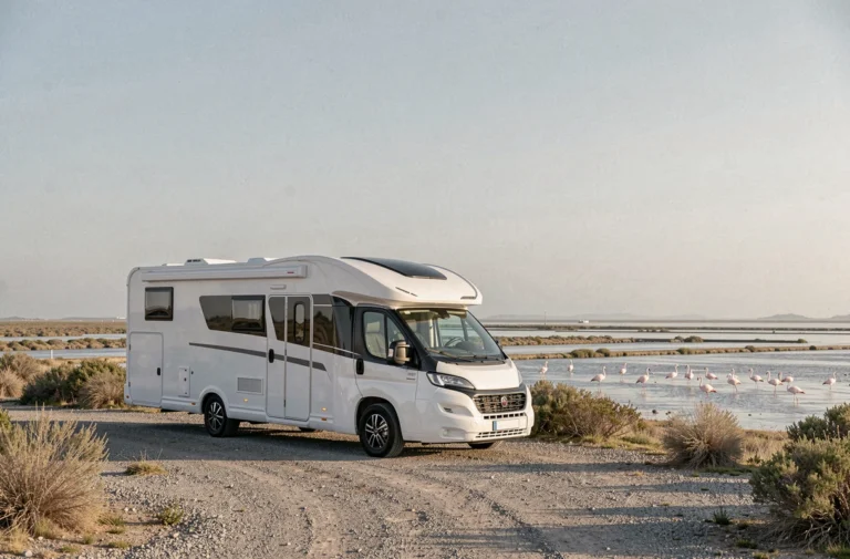 Camping-car stationné sur l'aire gratuite de Sainte-Marie-de-la-Mer avec vue sur les marais de Camargue et flamants roses