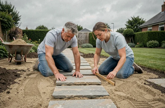 Couple posant des dalles de grès pour aménager un chemin dans un jardin en cours de rénovation