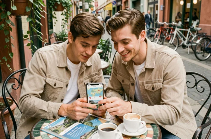 Deux amis planifiant un itinéraire de voyage avec une application de carte interactive autour d'un café en terrasse