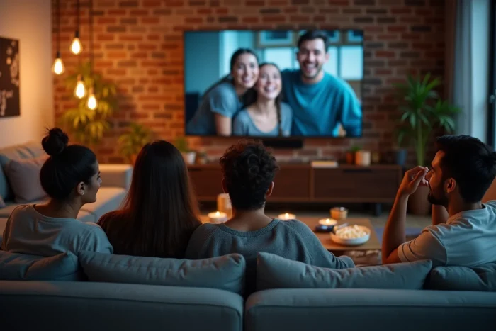 Groupe d'amis regardant une série TV ensemble dans un appartement moderne lors d'une soirée