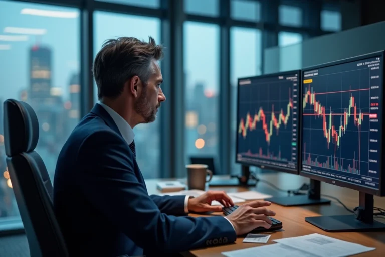 Analyste financier étudiant l'évolution de l'action Airbus sur plusieurs écrans de trading dans un bureau moderne à Paris