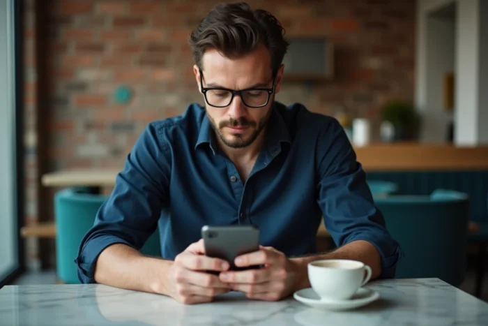 Homme consultant son application bancaire CA Côtes d'Armor sur smartphone dans un café moderne