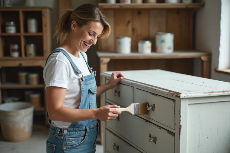 Femme appliquant de la peinture Libéron sur un meuble en bois dans un atelier de bricolage à domicile
