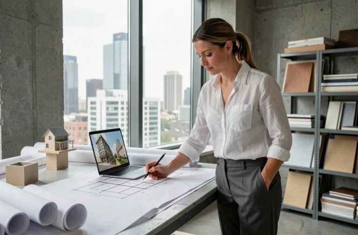 Architecte femme travaillant sur des plans et maquettes dans un studio moderne avec vue sur la ville
