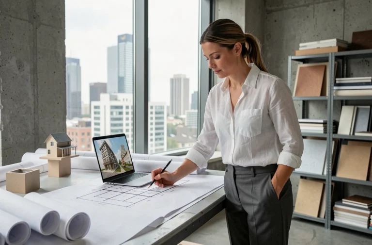 Architecte femme travaillant sur des plans et maquettes dans un studio moderne avec vue sur la ville