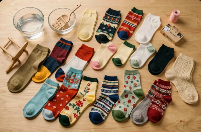 Vue d'ensemble de chaussettes colorées et d'accessoires de soin textile disposés sur une table en bois