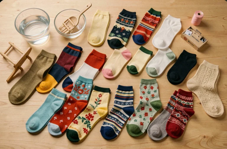 Vue d'ensemble de chaussettes colorées et d'accessoires de soin textile disposés sur une table en bois