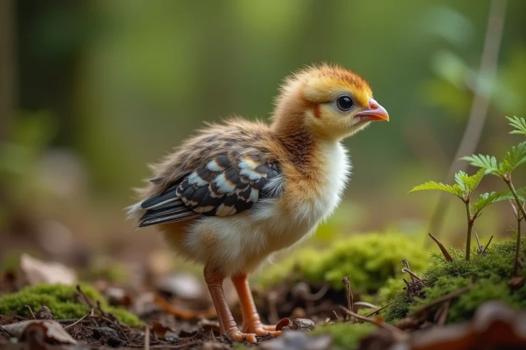 Bébé faisan sur le sol forestier montrant son plumage duveteux brun et crème caractéristique
