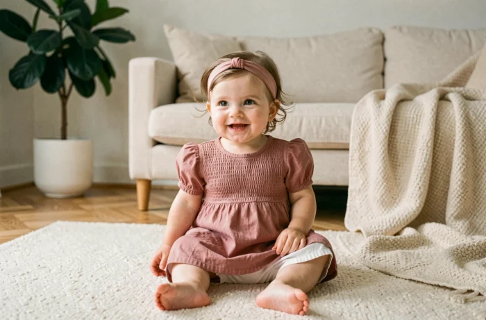 Bébé fille de 9 mois assise sur un tapis en laine ivoire portant une robe smockée rose poudré à manches bouffantes dans un salon scandinave minimaliste