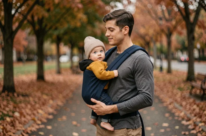 Papa portant son bébé en porte-bébé dans un parc urbain en automne, bébé habillé d'un pull en maille jaune moutarde