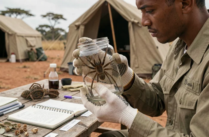 Biologiste tenant un spécimen d'araignée couteau dans un bocal lors d'une expédition scientifique en Afrique de l'Est