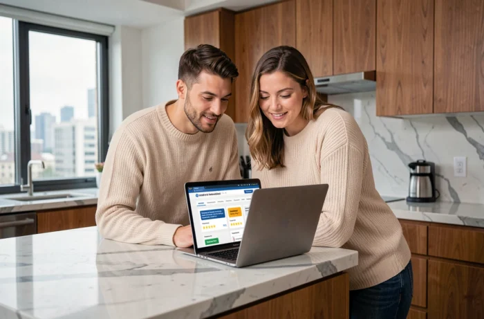 Couple recherchant des hébergements avec annulation flexible sur Booking.com dans leur cuisine
