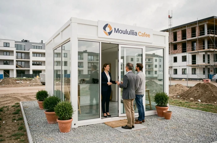 Bureau de vente modulaire moderne sur un chantier immobilier avec une agente accueillant des clients à l'entrée vitrée