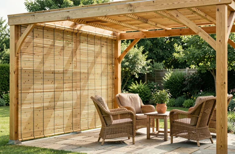 Canisse en bambou installée sur une pergola en bois au-dessus d'une terrasse en pierre avec mobilier de jardin en rotin