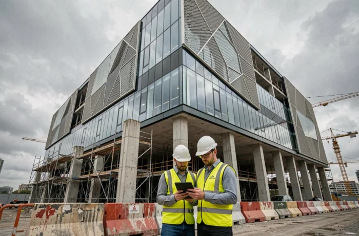 Chantier de construction d'un bâtiment contemporain avec façade en verre et acier et ingénieurs en discussion