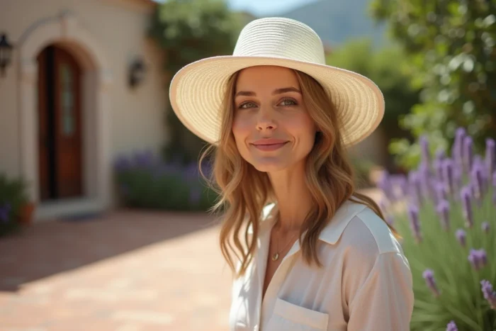 Femme portant un chapeau blanc à large bord dans un jardin méditerranéen ensoleillé pour se protéger du soleil