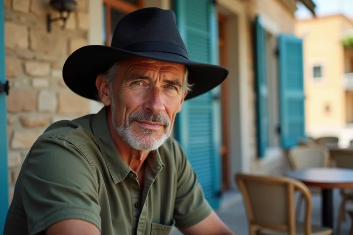 Homme portant un chapeau noir structuré en terrasse de café au bord de la mer pour se protéger du soleil estival