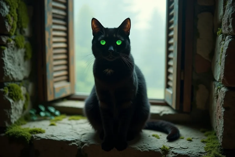 Chat noir aux yeux verts assis sur un rebord de fenêtre en pierre, entouré d'une atmosphère mystérieuse et brumeuse