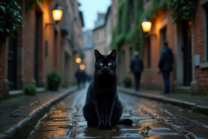 Chat noir aux yeux verts dans une ruelle pavée mouillée au crépuscule, reflet dans les flaques, ambiance mystérieuse urbaine