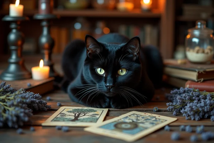 Chat noir aux yeux verts entouré de cartes de tarot et d'herbes séchées sur une table en bois vintage symbolisant la mystique