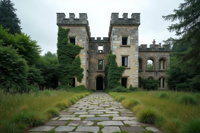 Façade d'un château abandonné en pierre recouvert de lierre avec une cour envahie par la végétation