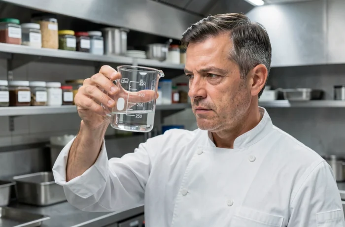 Chef cuisinier lisant la graduation de 250 ml sur un verre doseur dans une cuisine professionnelle