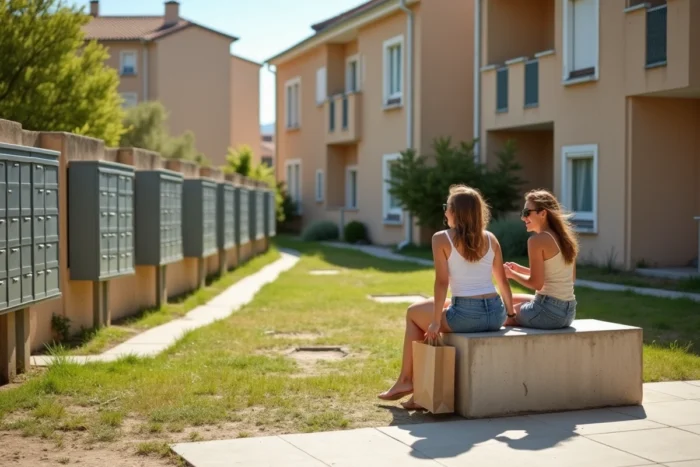 Cité HLM de Montpellier avec habitants dans un espace commun dégradé