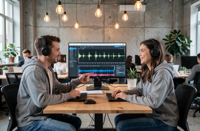 Deux personnes collaborant sur un logiciel d'IA pour composer et chanter leurs propres chansons dans un espace de travail moderne