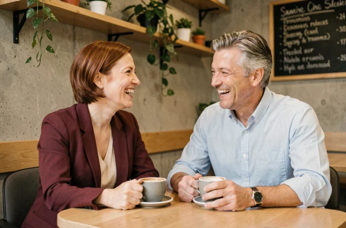 Deux collègues souriants partageant un moment de convivialité autour d'un café dans un espace détente d'entreprise moderne