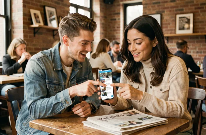 Deux collègues découvrant ensemble le contenu d'un site d'actualités sur smartphone dans un café