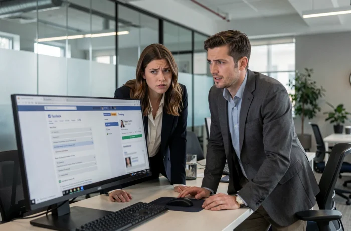 Deux collègues examinant les paramètres de confidentialité Facebook sur un écran d'ordinateur de bureau dans un open space professionnel