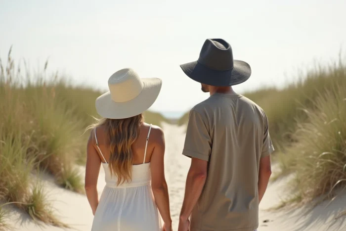 Deux personnes comparant un chapeau blanc et un chapeau noir sur un chemin de plage pour choisir la meilleure protection solaire