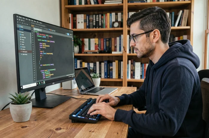 Développeur configurant les paramètres serveur d'envoi d'emails pour éviter les filtres antispam depuis son bureau à domicile