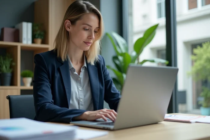 Femme enseignante connectée au webmail de l'académie de Créteil sur un ordinateur portable dans un bureau administratif scolaire