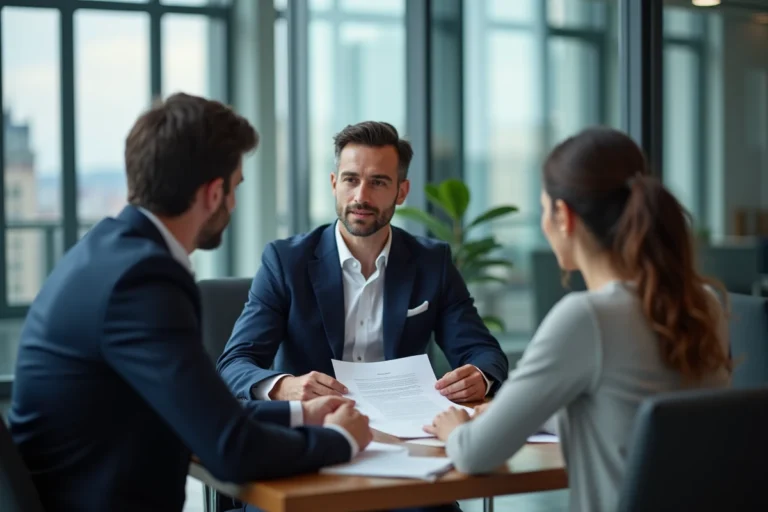 Conseiller financier présentant un contrat Previlion à un couple dans un bureau moderne