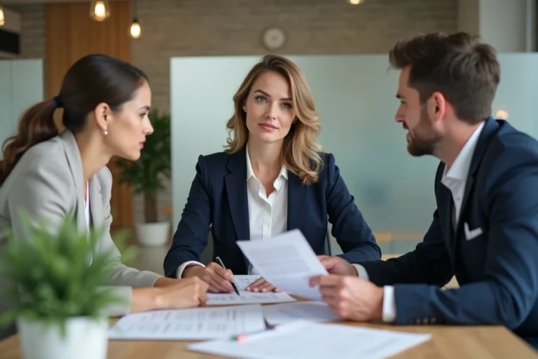 Conseillère en assurance Ociane Matmut accompagnant un couple lors d'une consultation dans une agence moderne