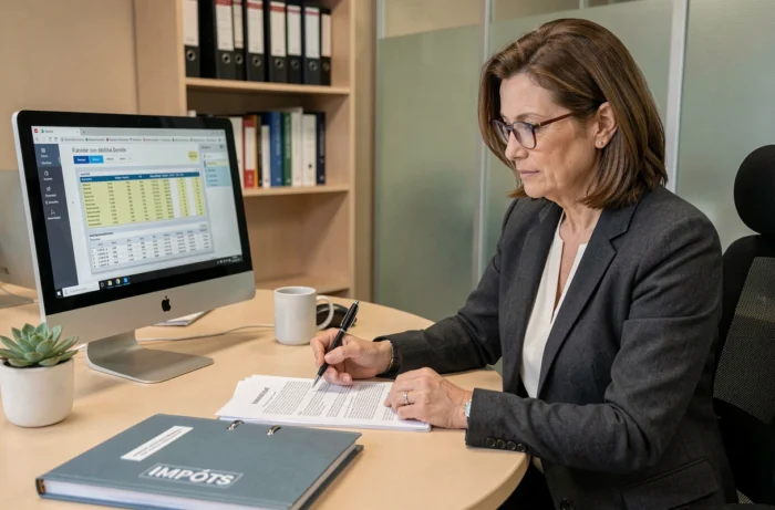 Conseillère fiscale expliquant le calcul du quotient familial dans un bureau professionnel