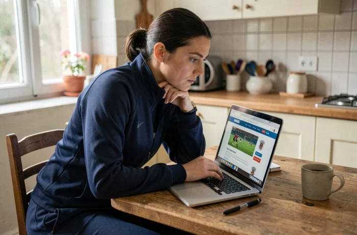 Femme consultant son classement et ses points FFPJP pétanque sur un ordinateur portable à la maison