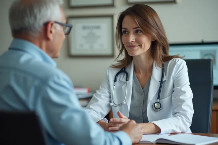 Médecin en consultation avec un patient senior concernant l'aptitude à conduire après un AVC
