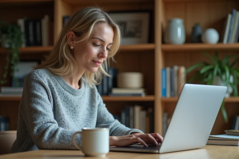 Femme consultant l'historique des annonces Le Bon Coin sur un ordinateur portable dans un bureau à domicile