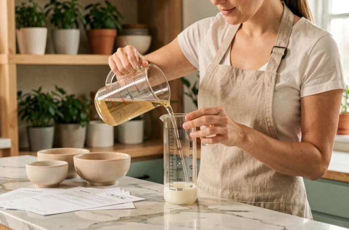 Femme mesurant 250 ml dans un verre doseur avec graduation en centilitres sur un plan de travail en marbre