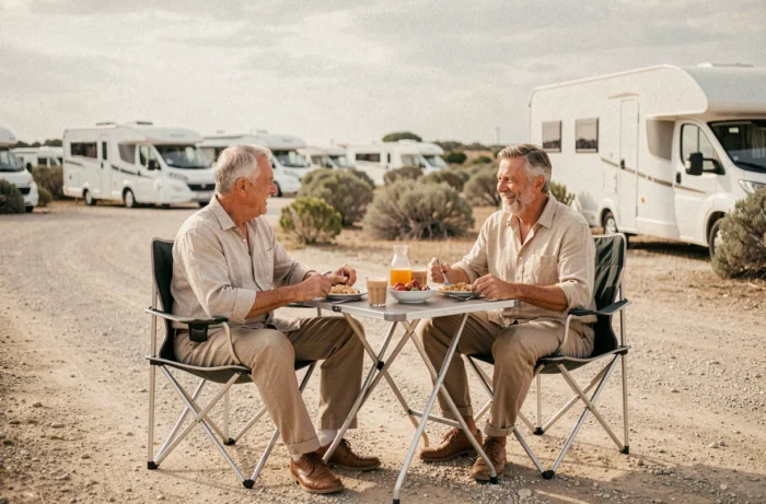 Couple de camping-caristes profitant d'un repas en plein air sur l'aire de stationnement gratuite à Sainte-Marie-de-la-Mer