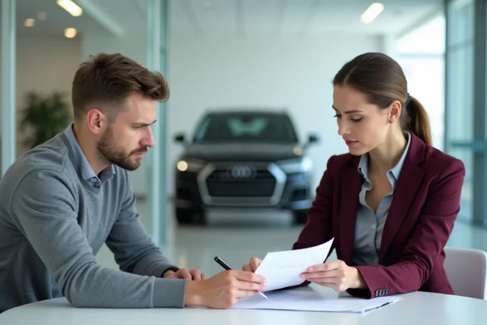 Couple discutant d'un dossier de financement automobile dans une concession avec documents CPF
