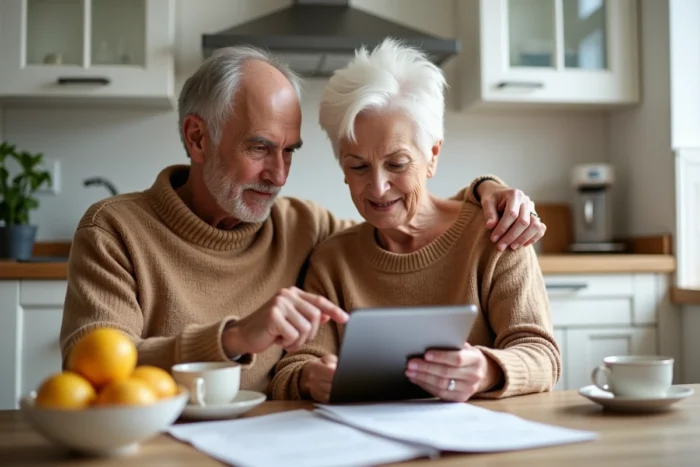 Couple senior gérant ensemble leur compte CA Côtes d'Armor en ligne sur une tablette dans leur cuisine