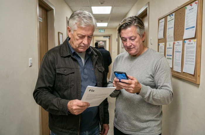 Couple de locataires consultant les coordonnées du service client CDC Habitat dans un immeuble résidentiel