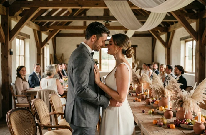 Couple de mariés partageant un moment intime lors d'une réception champêtre dans une grange rénovée